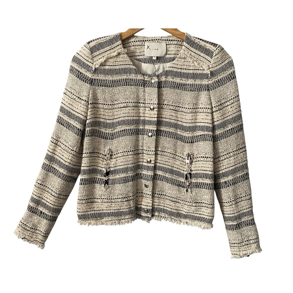 IRO Lizzie Tweed Jacket Black Cream Striped Frayed Trim Chic Luxury Sz Small